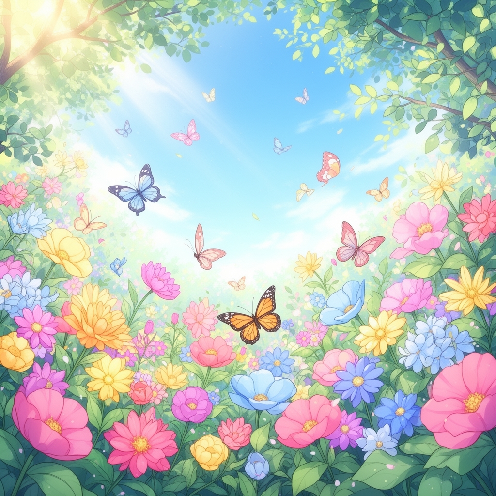 یک روز بهاری است که در باغ پر از گل با پروانه های رنگی است3