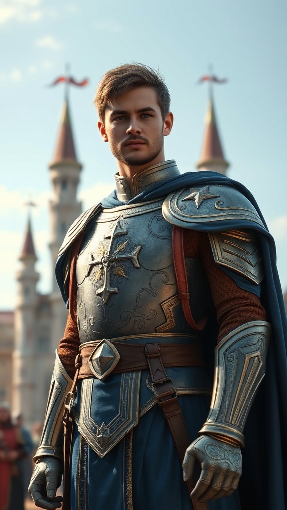 یک شاهزاده خوشتیپ شنل آبی دار زره پوش که زره او طرح ستاره است آبی رنگ و تمام قد در یک قاب پسزمینه
امپراتوری بزرگ فادوو7