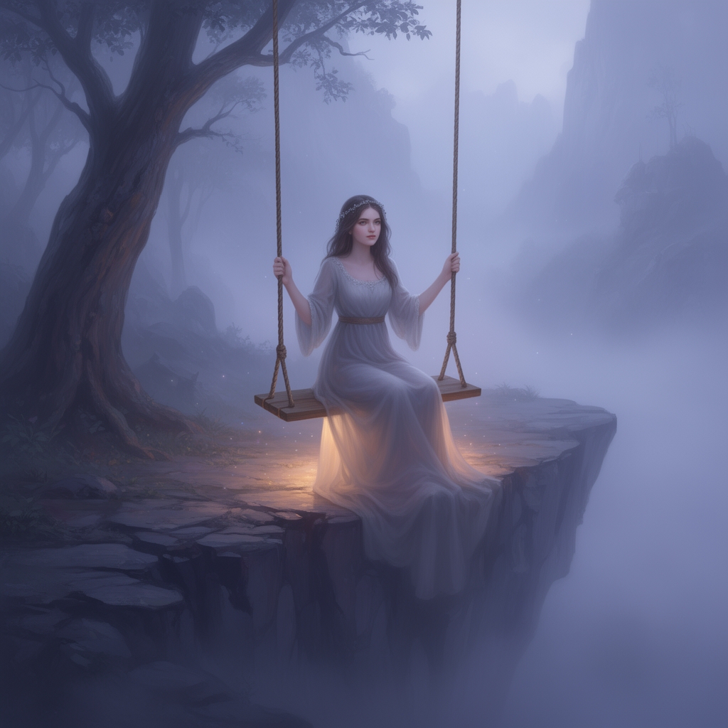 دختری زیبا سوار بر تاب در لب صخره که داره تاب میخونه و صحنه مه آلود4