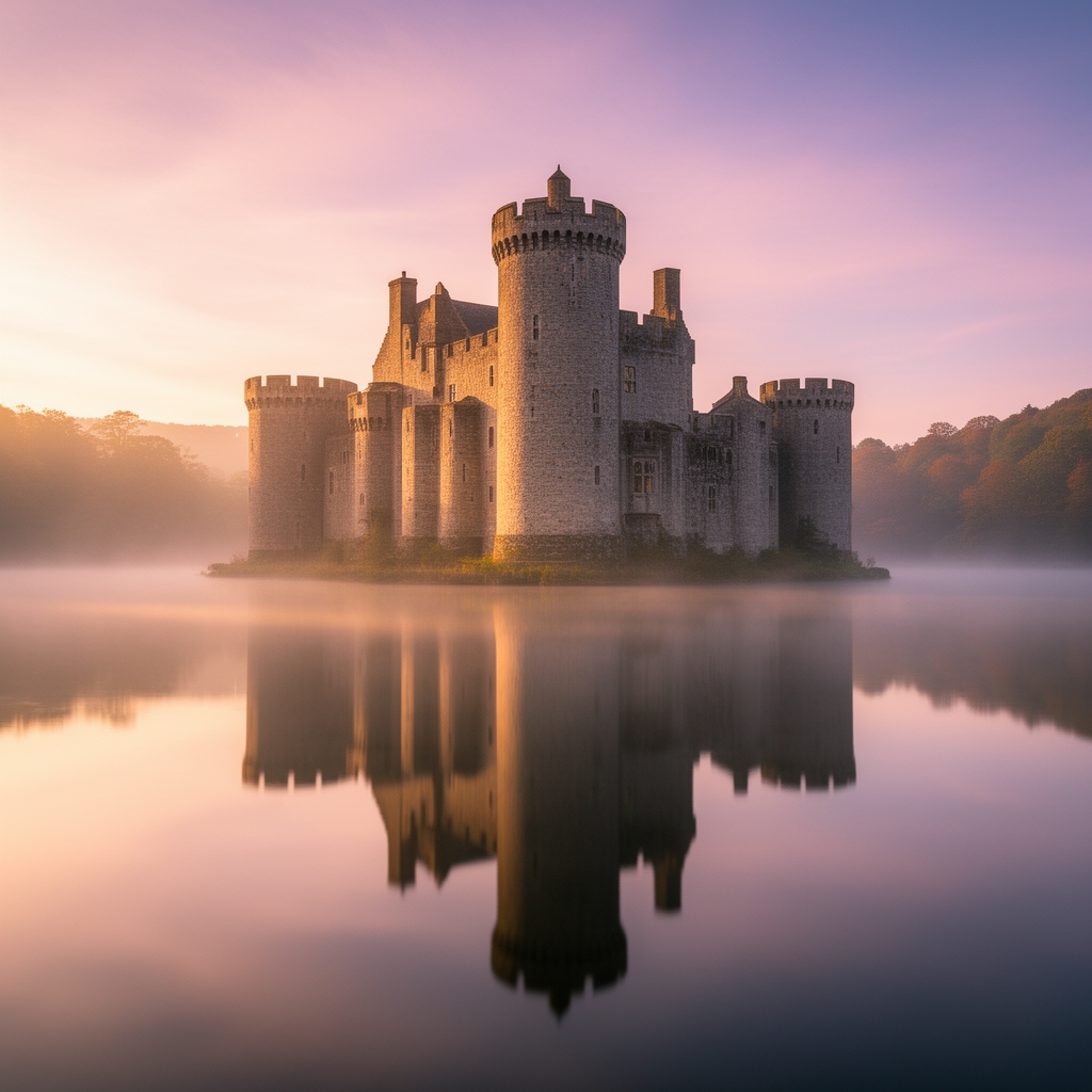 یک قلعه ی داخل آب که تصویر آن در آب منعکس شده 🩵3