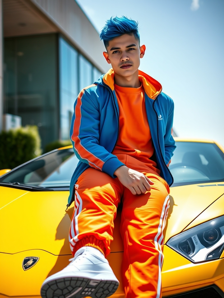 پسر مو آبی چشم قرمز کفش آدیداس نارنجی کاپشن آبی نشسته روی لامبورگینی زرد12