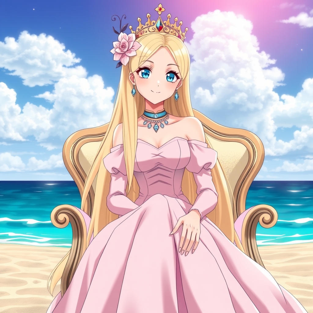 زیباترین ملکه ی جهان به صورتی که به زیبایی خدایان برسه که رنگ موش بلوند باشه بلند و صاف باشه چتری باشه چشماش آبی آسمونی باشه صوتش گرد و سفید و خوشگل و تپلی باشه بالغ باشه لباس شیک صورتی با دامن چین دار تنش باشه رنگ لباسش پاستلی باشه گوشواره ی الماس داشته باشه گردنبندش با گوشوارش ست باشه یک گل سر زیبا هم روی سرش داشته باشه خندان باشه نشسته روی یک صندلی با کلاس باشه توی ساحل باشه3