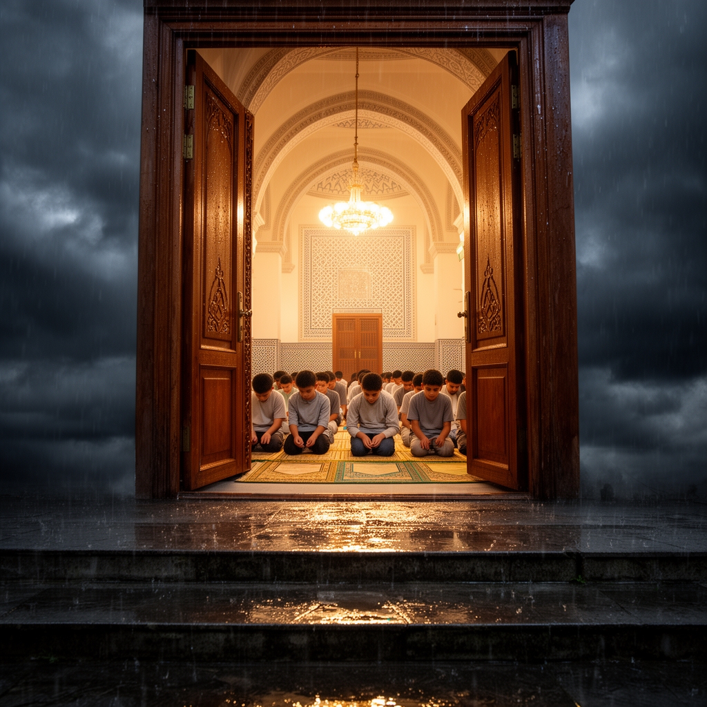 باران می بارد پسران نوجوان در مسجد نماز می خوانند تصویر را از بیرون مسجد به داخل مسجد نشان بده0