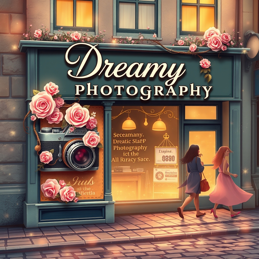 مغازه ای که اسمش هست ( عکاسی رویایی) و یک دوربین هم پیش اسم مغازه کشیده شده است و کنار دوربین گل هم طراحی شده است و مردم از پیاده رو در حال گذشتنن20