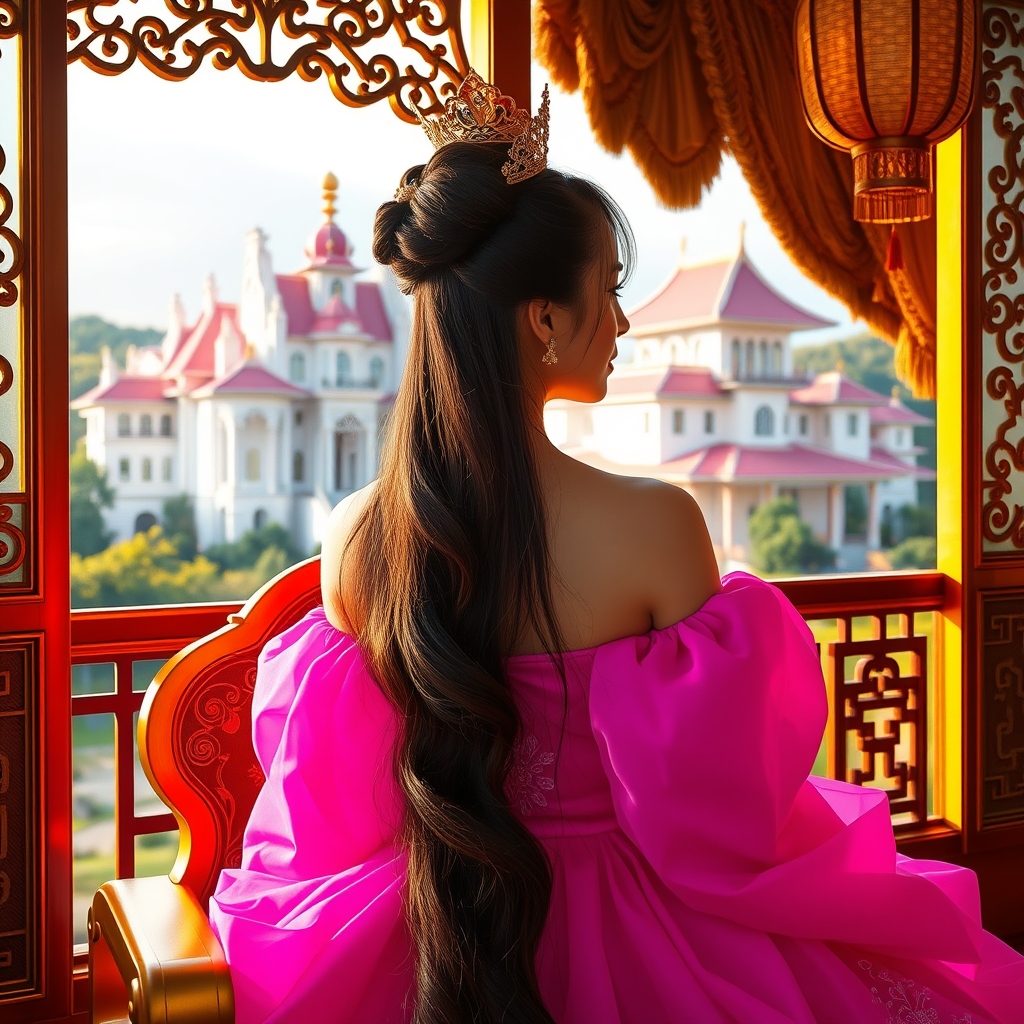 ملکه ای چینی که لباس پفی صورتی پر رنگ مو های بلند باز قهوه ای پررنگ او روی صندلی طلایی است واز بیرون به قصر زیبای سفید که بالایش صورتی کم رنگ است نگاه میکند8