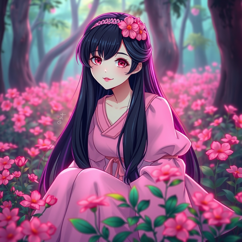 یک دختر با مو های خیلی بلند و مشکی و لباس صورتی و مانند پرنسس با دامن بلند دارد و لب های قرمز و لبخندی ملایم و آرایش داشته باشد و چشم های صورتی دارد و گلسری به شکل گل صورتی دارد و پشت سر او جنگلی پر از گل است و روی گل ها نشسته است 22
