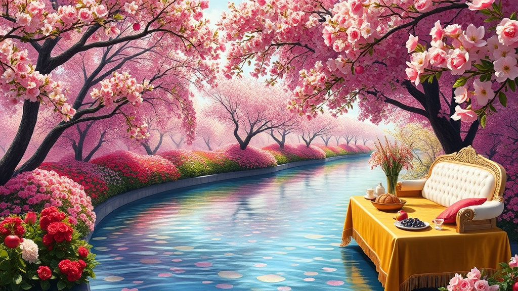 صبحی دل انگیز بهاری روشن
باغی افسانه ای با تونل افراشته از بوته های گل
و درختان پرشکوفه سیب و انار و پوشش انبوه گلهای رز اطلسی لی لی یم شب بو
آبشاری و رودی جاری ست
پایین رودخانه
کاناپه دراز ال مانند سفید طلایی با کوسن های قرمز
و میز طلا پر نان کره خامه عسل مربا حلوا باقلوا شیر خوشه انگور سیب انار5