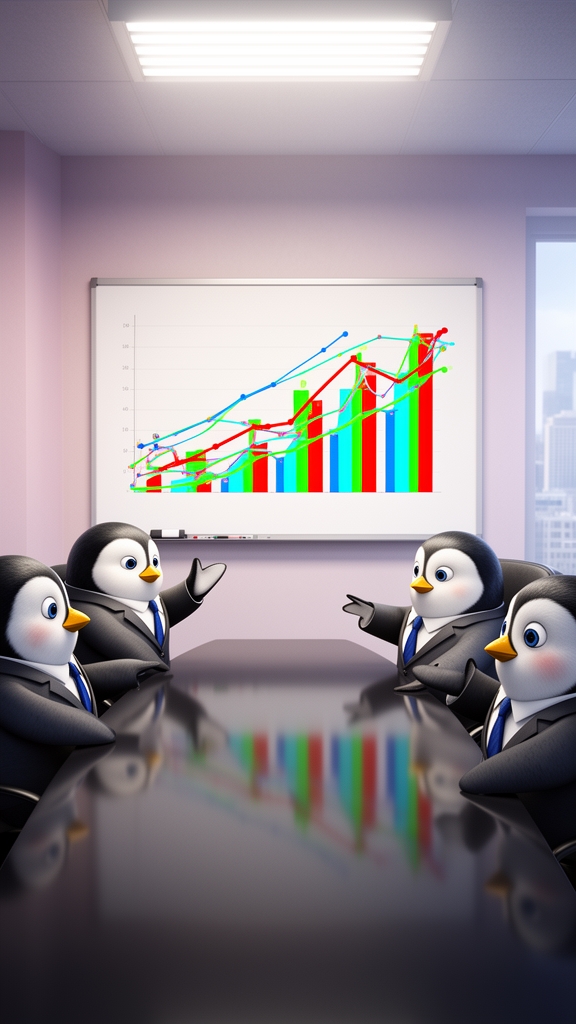 گروهی از پنگوئن‌ها که کت و شلوار پوشیده‌اند و در یک جلسه کاری دور میز نشسته‌اند، نمودارهای فروش روی تخته وایت‌برد، بامزه.15