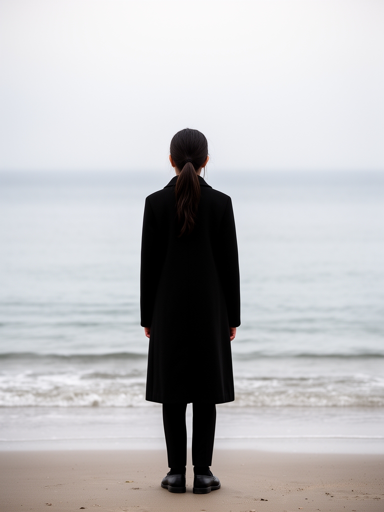 عکس یک دختر خفن که همه چی مشکی پوشیده و پشتش به دریا است و دختر حدود ۱۳ سال سن دارد و موهای دم اسبی0