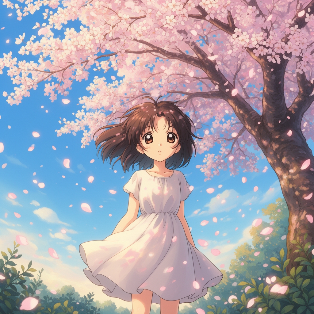 دختر انیمهای با چشمهای درشت و براق که زیر درخت شکوفه گیلاس ایستاده، گلبرگها در باد میرقصند، سبک استودیو جیبلی، آسمان آبی روشن.5