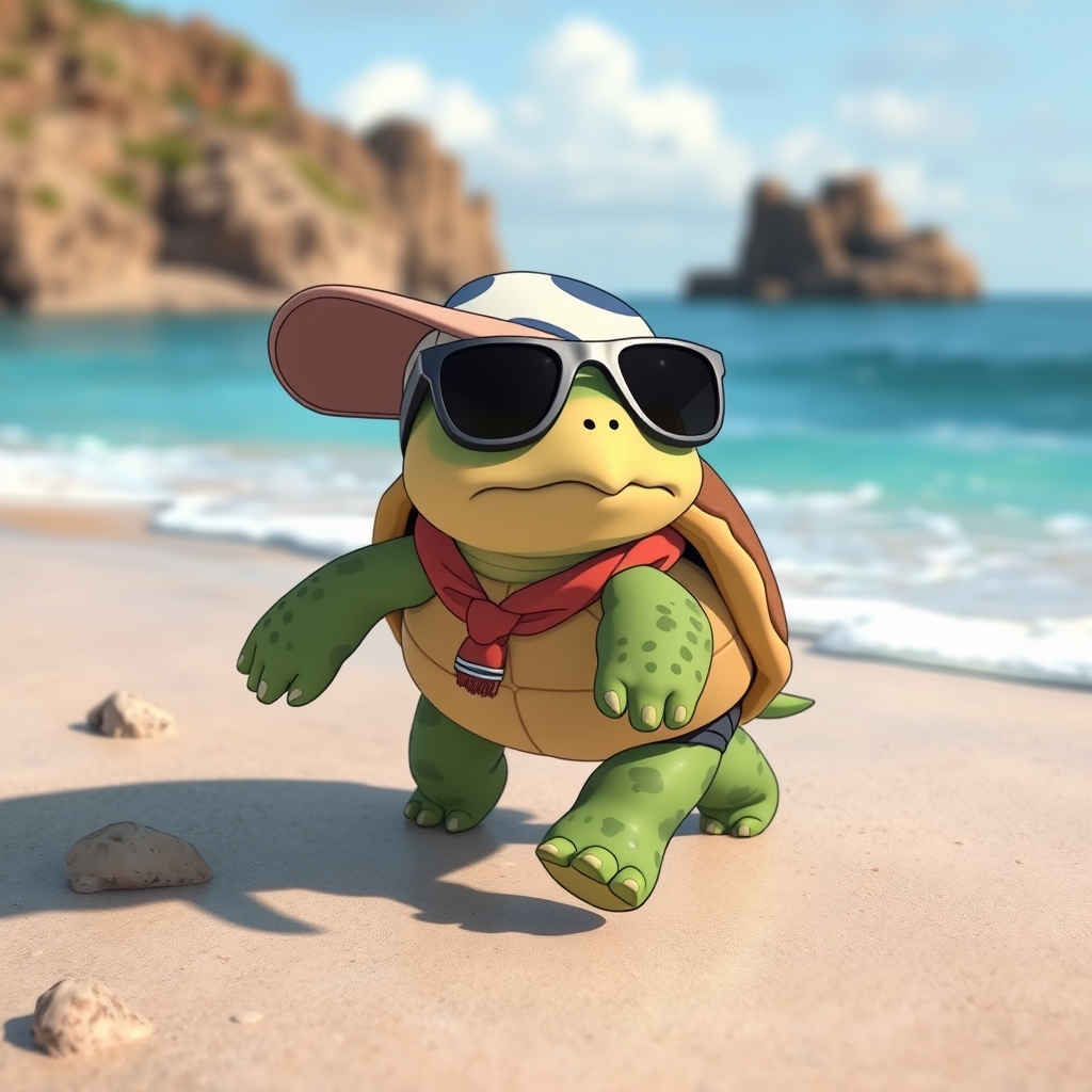 یک لاک پشت کوچولو با لباسهای بامزه در حال دویدن و بازی کرده کنار ساحل9