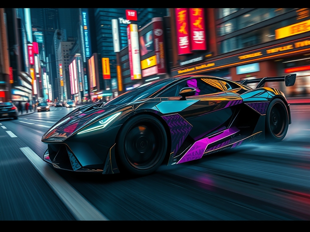 ماشین خفن و سریع با رنگ سیاه و بنفش‌ و زرد که با سرعت نور می رود.16