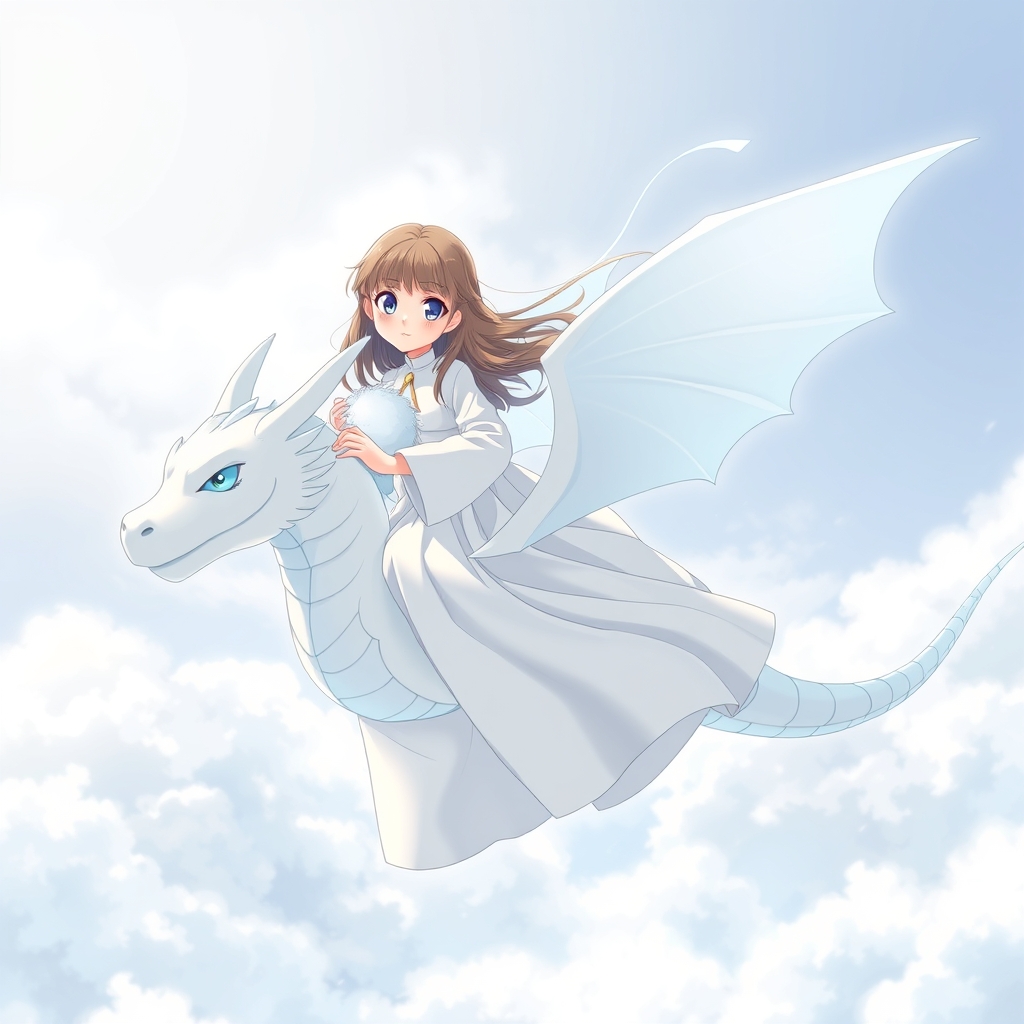 یک دختر که سوار یک اژدهای نورانی داخل ابر باشند 
فضا ترکیب رنگ سفید و آبی باشه9