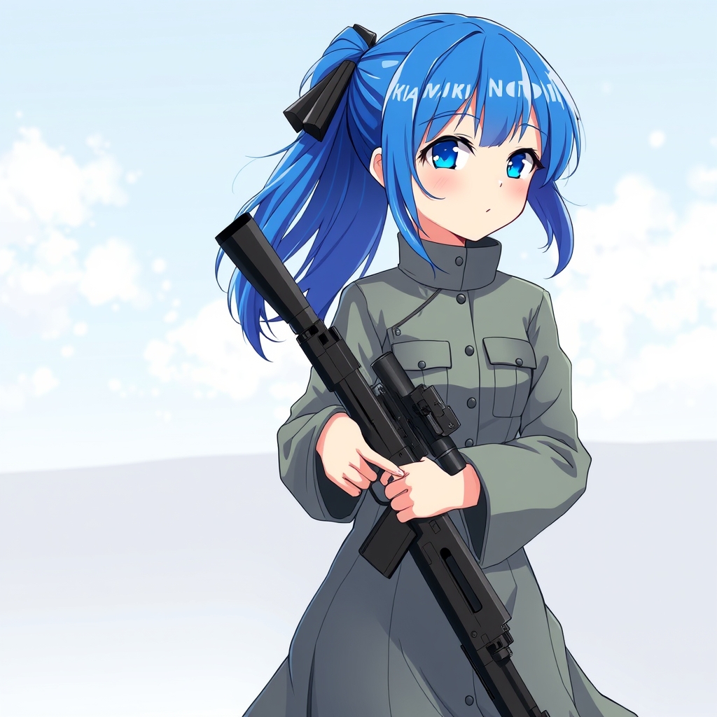 دختری با مو های آبی و زیبا که لباس ارتشی بر تن دارد و در دستان خود سلاحی تک تیر انداز 14