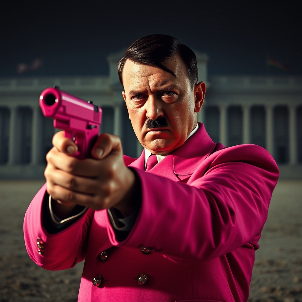 هیتلر  با کت و شلوار صورتی با تپانچه صورتی به سمتی هدف گیری کرده1