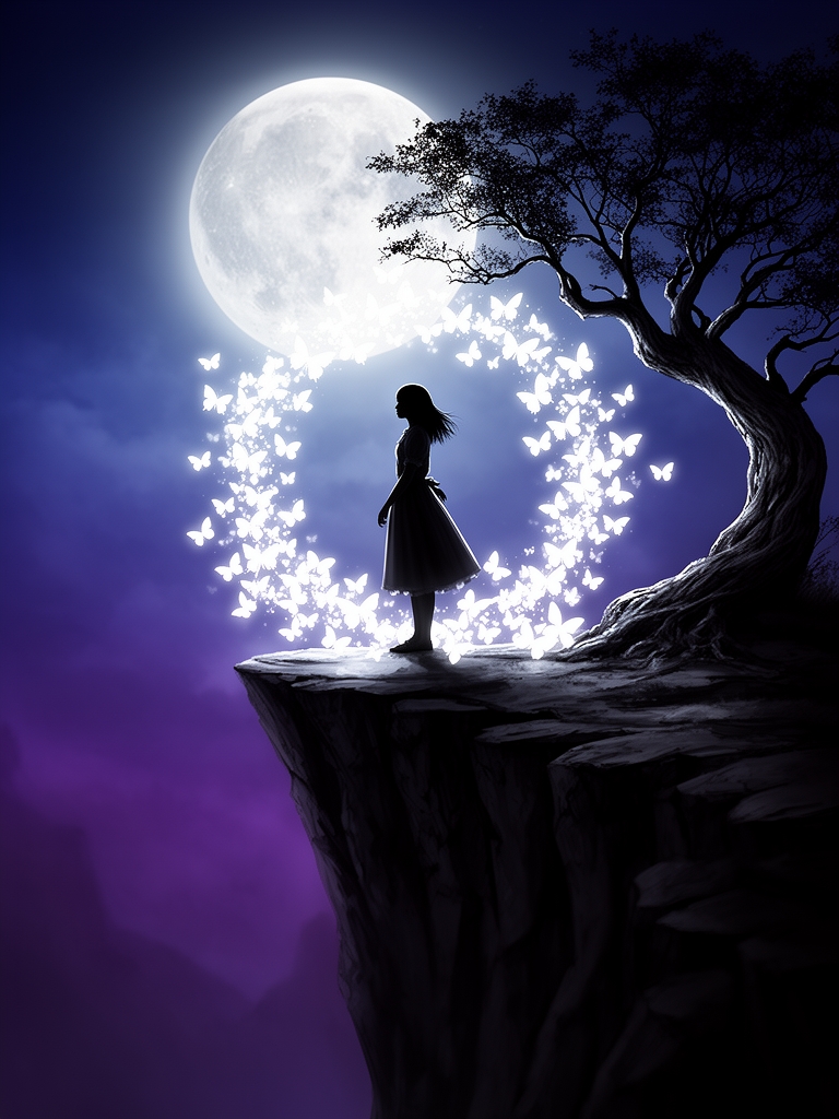 عکس از نمای نیمرخ یک دختر کنار یه پرتگاه که پروانه ها دورش جمع شدن و ماه هم در اسمونه و یک درخت کنار پرتگاه هست 3