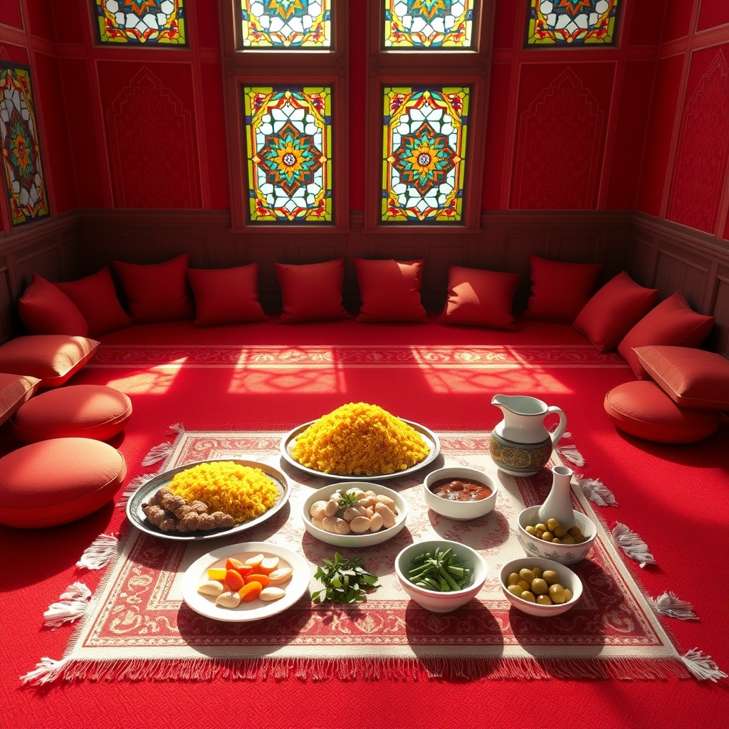 یک اتاق به سبک ایرانی که کف آن فرش قرمز قرار دارد پشتی و بالش گرد و مستطیل قرمز کنار دیوار است و نور از شیشه های رنگی به داخل تابیده 
روی رمین یک سفره پهن است و روی سفره یک دیس برنج زعفرانی و یک دیس جوجه کباب و یک کاسه خورشت خلال و یک پارچ دوغ و بشقاب سبزی و کاسه ی زیتون قرار دارد 7