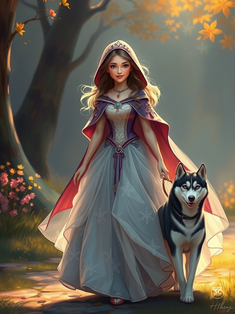 امپرسیونیسم فرانسوی و رئالیسم جادویی برای تصویری از پرنسسی زیبا با تاج و لباسی زیبا و یک شنل کلاه دار سلطنتی هماهنگ با لباسش که با سگ خوشگل و وفادارش از نژاد هاسکی در حال قدم زدن 1