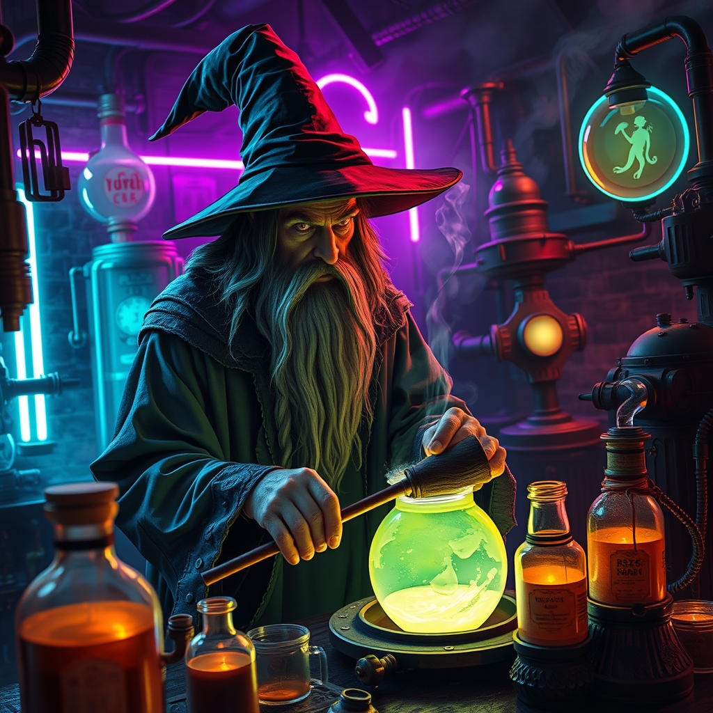 یک جادوگر اسرارآمیز در حال ساختن یک معجون درخشان در آزمایشگاهی تاریک و مه‌آلود.5