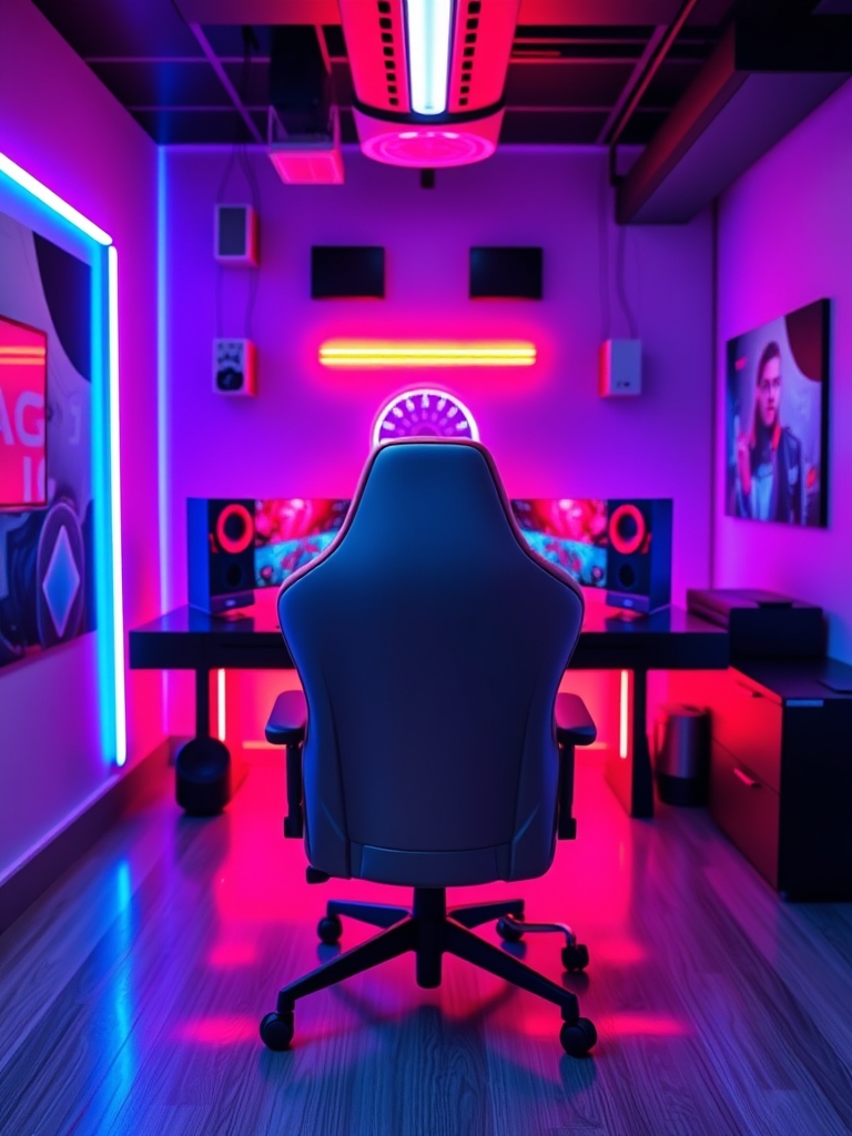 سلام یه عکس بده بهم که فقط یه اتاق گیمینگ خیلی شیک باشه زاویه دوربین از پشت میز و یک صندلی گیمینگ خوشگل هم پشت میز صاف وجود داشته باشه بدونه  اینکه هیچ کسی پشت میز نشسته باشه1