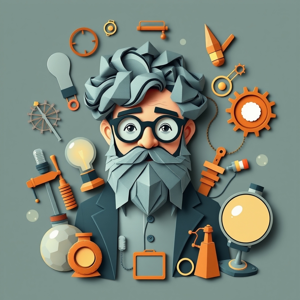 عکس یک مخطرع که دارد چیزی میسازد ریش دارد مو های فرفری دارد و عینک دارد که دور و برش پر از اختراع 5