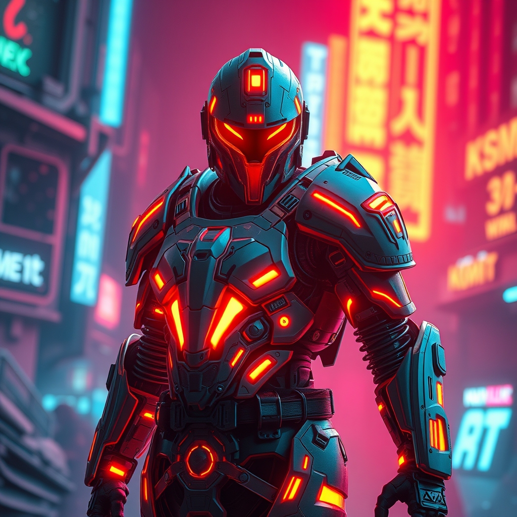 یک شوالیه آینده‌نگر با زره اسکلت خارجی درخشان، ایستاده در دنیایی پسا‌آخرالزمانی.5