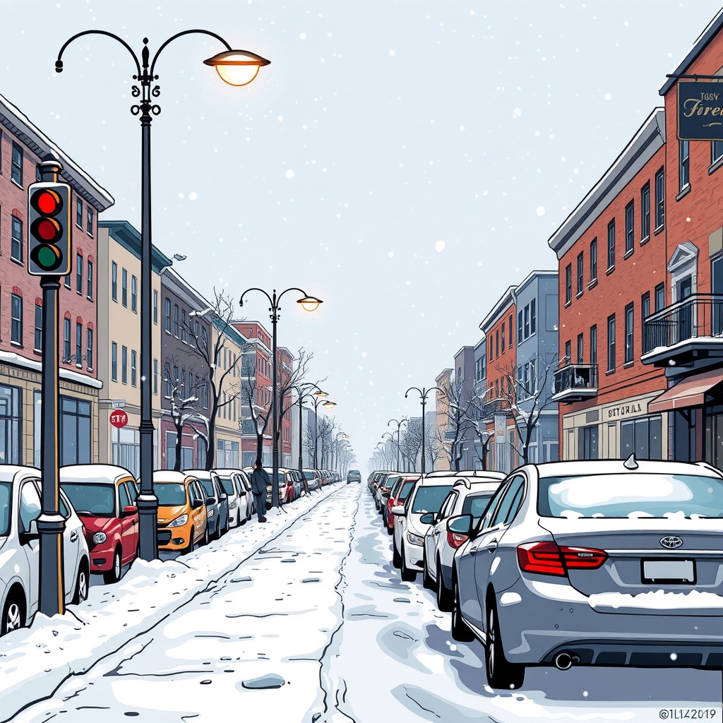 The image depicts a snowy urban scene with parked cars along a snow-covered street, tall street lamps, and a few pedestrians walking. The street lamp on the left has a stoplight attached.0