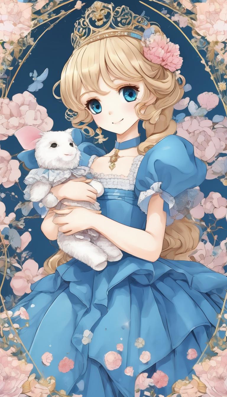 پرنسس کوزت با لباس پندار آبی بلند و زیبا و عروسکی گوگولی در دستش با لبخندی ملایم10