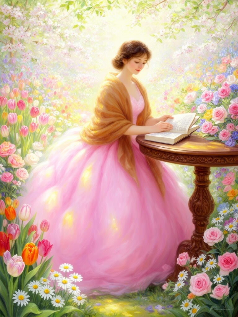 دختری ۲۰ساله ی خیلی خیلی زیبا دریک روز بهاری  درخشان دربهشت بالباس های باشکوه بلند پفدار صورتی باموها قهوه ای خیلی روشن خیلی خیلی خیلی خیلی خیلی خیلی خیلی بلند  درباغی زیبا🌷🌷🌷🌸🌸🌸🌸🌹🌺🌺💐روی تابی زیبا نشته ودر حال کتاب خواندن 4