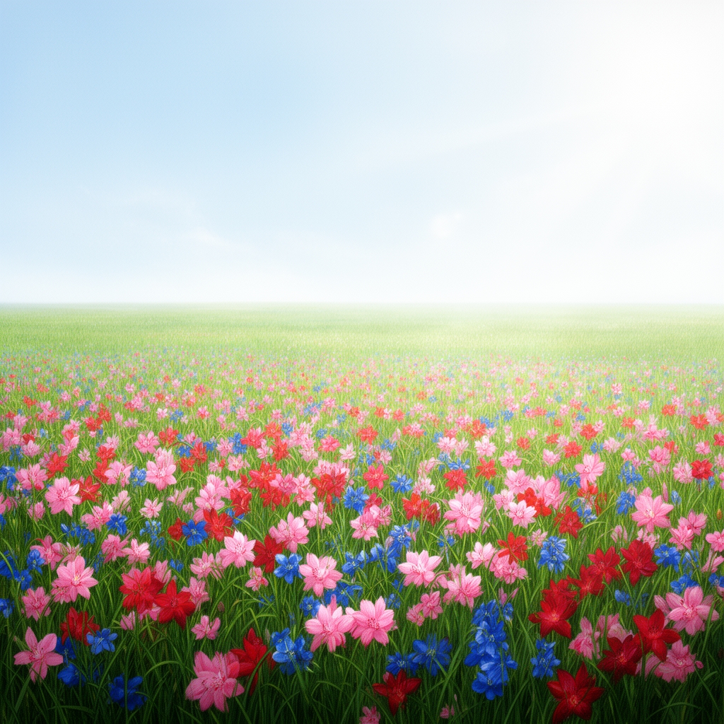 یه جای پر گل صورتی و قرمز با شکوفه های آبی از دور دشت های سبز چمنی اسمون ابی کم رنگ با حاله های نور سفید4