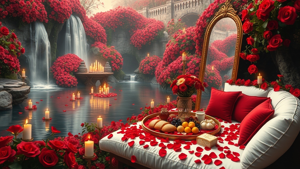 باغ بزرگ و افسانه ای پر گل سرخ
آبشارها از میان صخره های بلند کوهستانی پوشیده از گل سرخ به داخل برکه می ریزند
گوشه کنار هزاران شمع روشن ست
یک تشک گرم و نرم سفید با کوسن های قرمز پر شده با گلبرگ های سرخ دیده می شود
و سینی گرد و طلایی پر نان کره خامه عسل میوه و شیر و شیر برنج خوشه انگور سرخ سیاه زرد
نزدیک تشک یک آینه تمام قد بلند از طلا ایستاده16