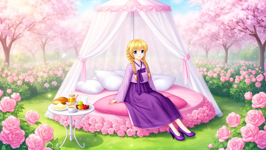 در صبح بهاری باغ گل رز صورتی در احاطه درختان پر شکوفه یک خیمه توری گل بهی سفید و صورتی با تخت گرد صورتی با کوسن های سفید  پر از گل های رز صورتی و میز کوچک سفید با نان کره خامه عسل میوه شیر .
دختری ۱۸ ساله بسیار زیبا با موهای بافته شده طلایی و چشم های آبی با هانبوکی بنفش که بسیار زیبا و پر فیس و عفاده با پوست سفید و کفش پاشنه بلند بنفش  نشسته است 
12