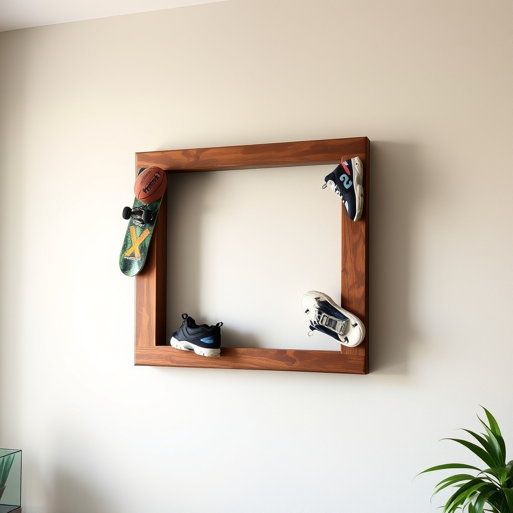 قاب دیواری با وسایل ورزشی
- مثلاً قاب درست شده از توپ فوتبال قدیمی، کفش بسکتبال یا حتی اسکیتبورد.
- ترکیب هنر و ورزش در دکور اتاق.6