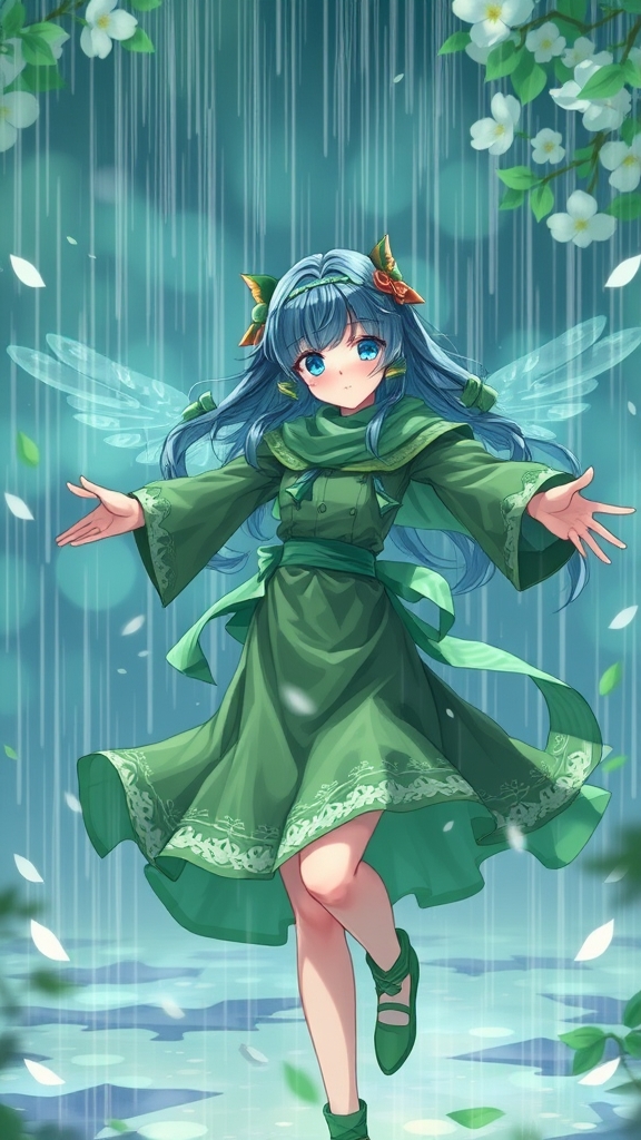 دختر خوشگلی باچشم آبی و لباسی به رنگ نباتی که زیر بارونه بهاری واستاده و دستاشو باز کرده و داره دور خودش میچرخه 4