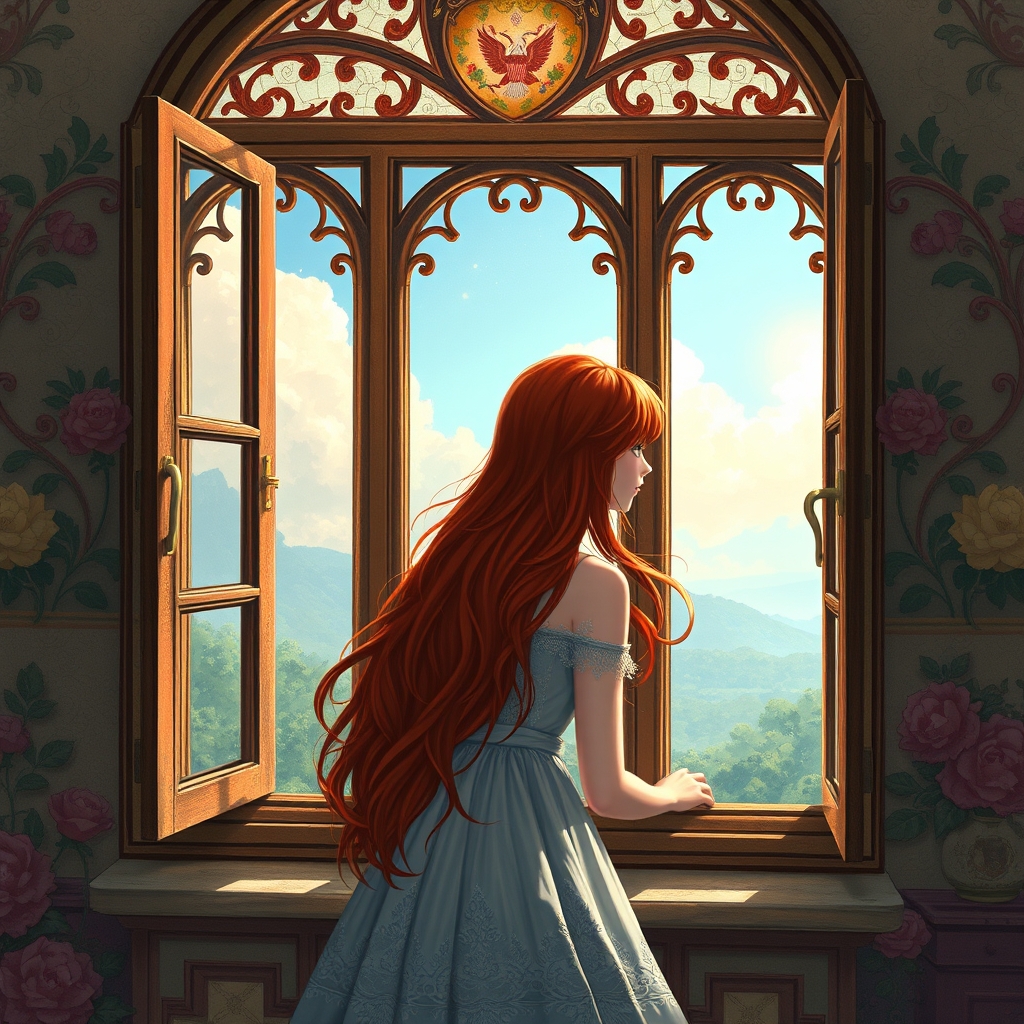 یک دختربا مو های قرمز دار به یک منزره زیبا نگاه میکند20