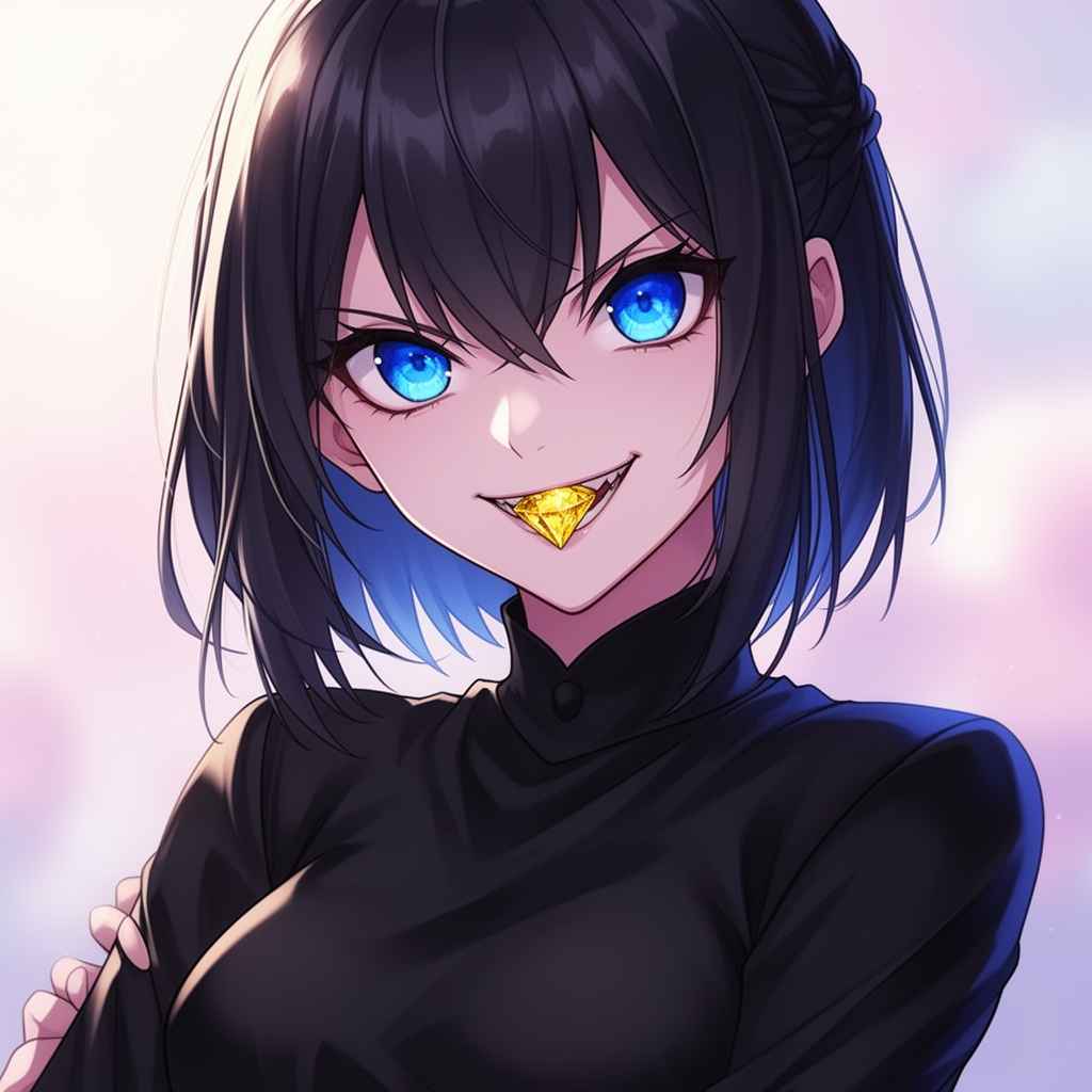 یک ختری که بر دهان خود ماسی طلایی زده و شغلی مشکی بر تن دارد و خیلی زیبا است چشمانش آبی است و شرور است ۱۵ سال دارد0