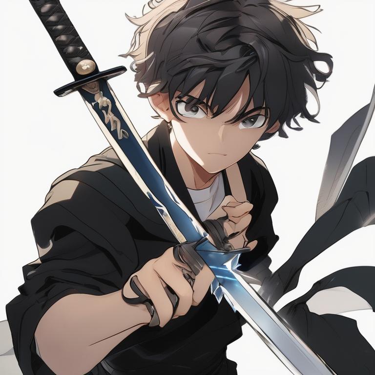 یه پسر ۱۸ ساله که موهای مشکلی کوتاه داره خشمگینه و لباس مشکی پوشیده و دستش شمشیر داره20