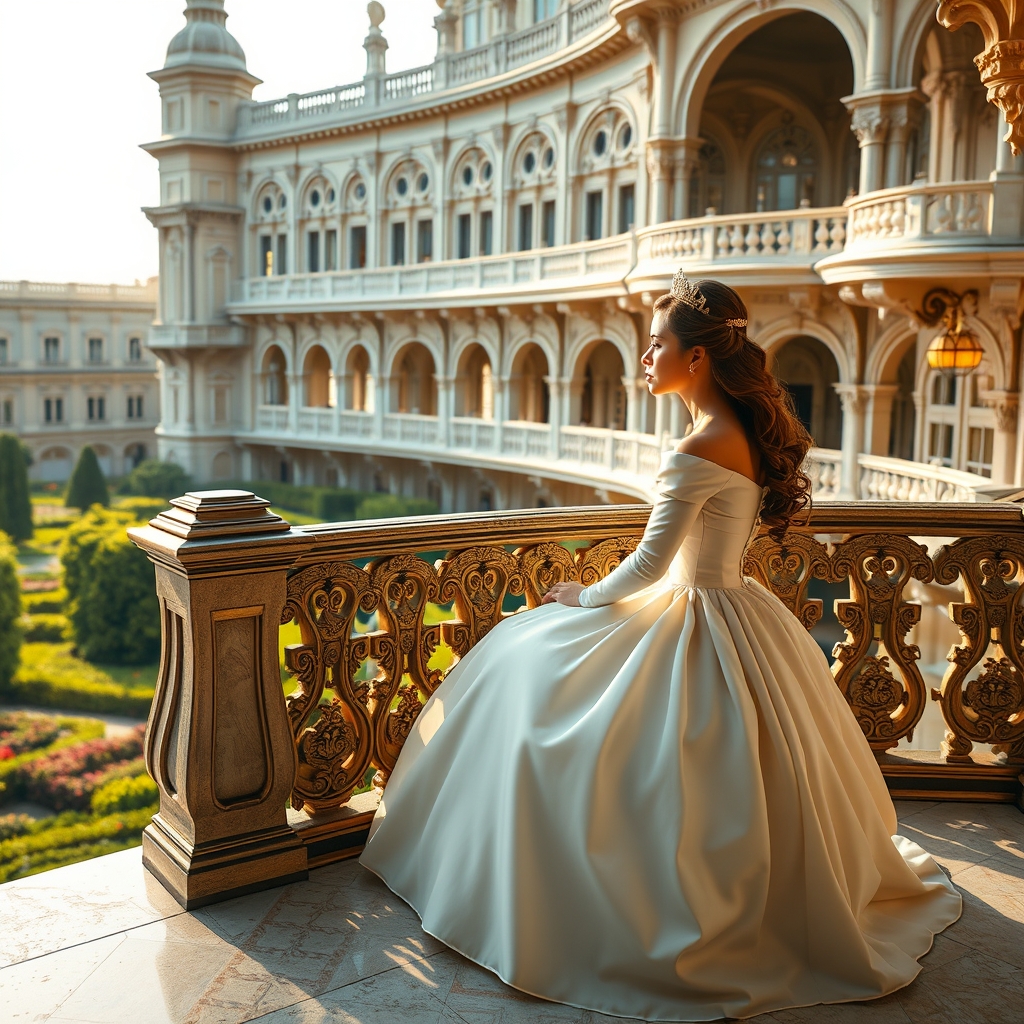 یک پرنسس با لباس پفکی به همراه یک شاهزاده که در بالکن یک قصر زیبا نشسته اند و دست در دست هم آواز می خوانند 9