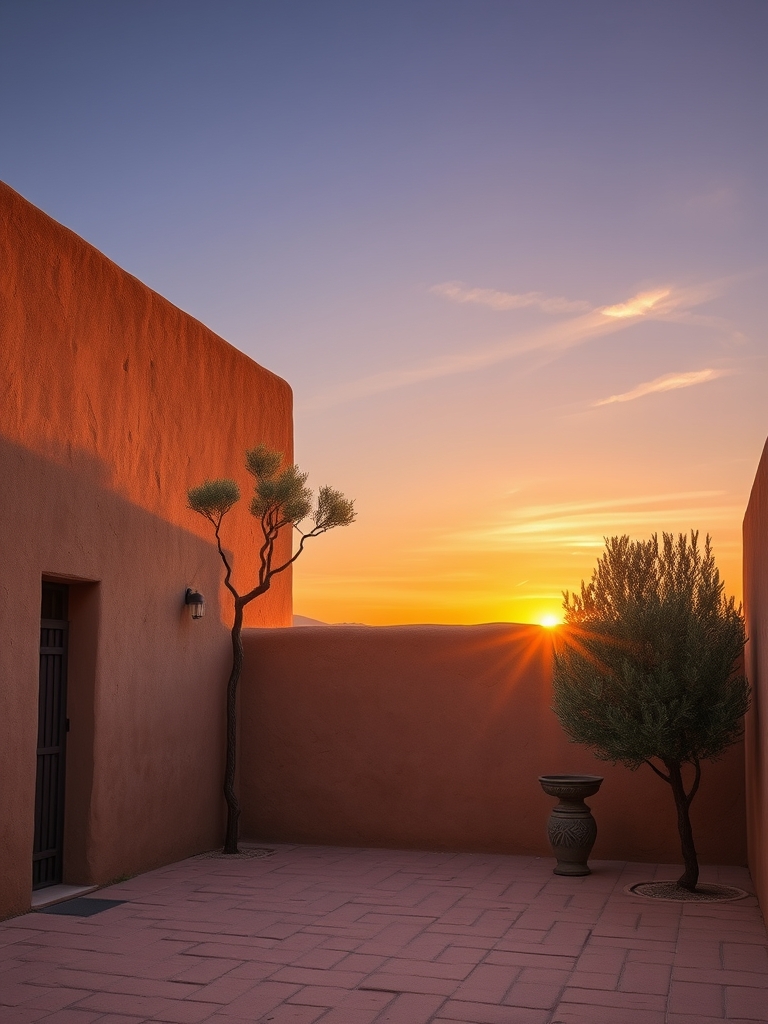 ی حیاط با دیوارهای کاهگلی و تک درخت نارون در گوشه حیاط ودر جای دیگر درخت عشقه ب دیوارها و غروب آفتاب4