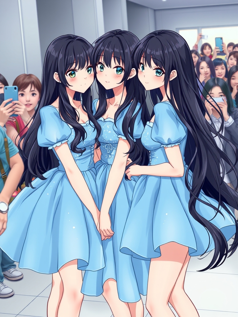 سه قلو ها،سه خواهر سه قلو و شبیه هم که هر سه تاشون خیلی معروف هستند و مو های هرسه تاشون خیلی خیلی بلند و مشکی است و همه دارن از هر سه تاشون عکس می گیرند و امضا می گیرند و لباس هر سه تاشون آبی و اکلیلی و براق و دامن دار و پف پفی مانند پرنسس ها است و موهای هر سه تاشون تکان می خورد11