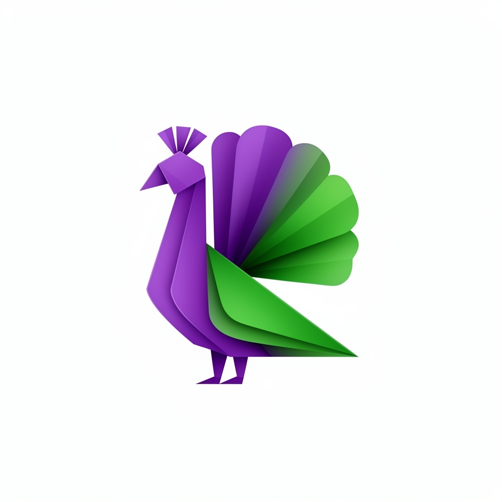 Colorful vector logo in the shape of a peacock bird, designed with soft curved lines, purple and green gradients, simple white background.0