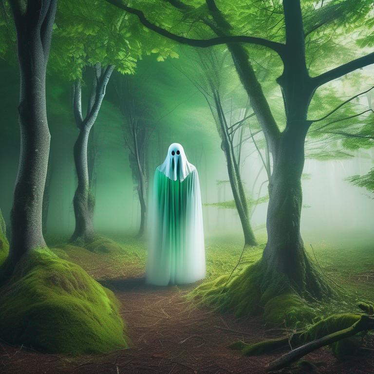 روحی ترسناک ایستاده در جنگل مه آلود با درختان سبز
22