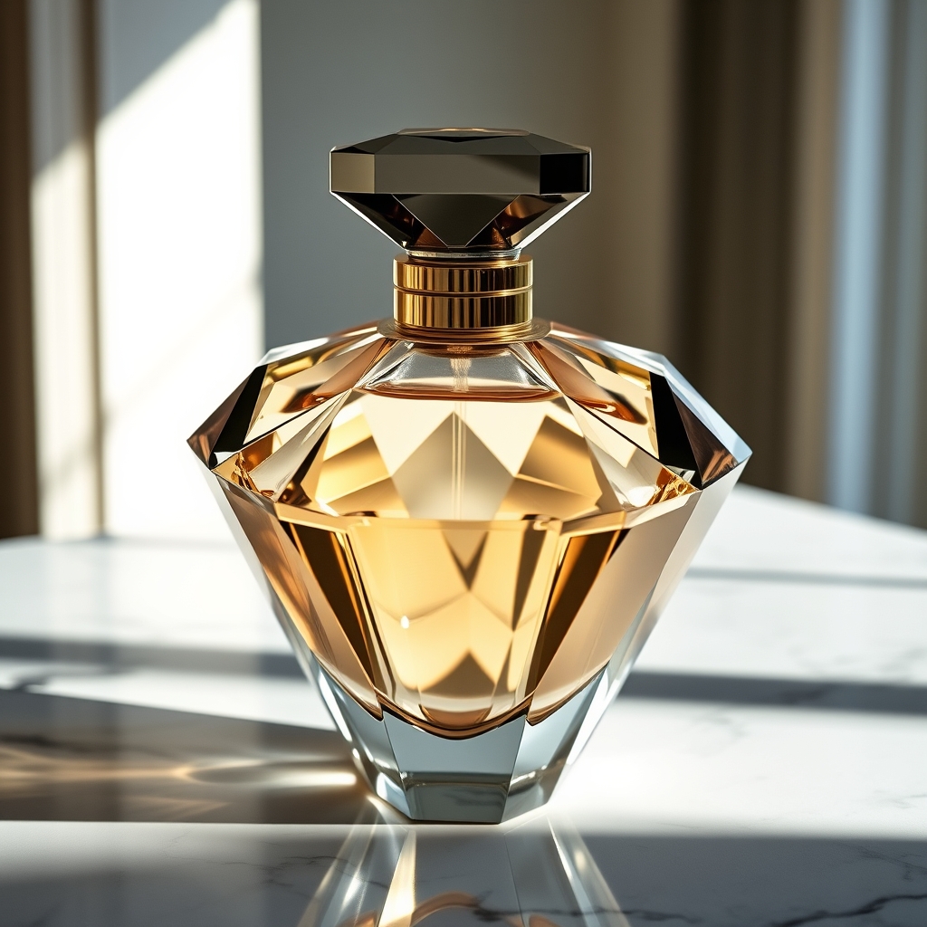 یک شیشه عطر لوکس به شکل الماس، قرارگرفته روی یک پیشخوان مرمر.6