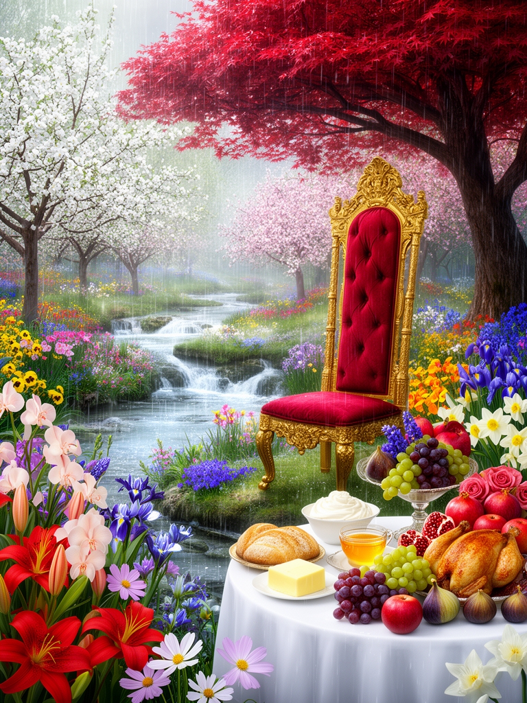 باغ بارانی پر گل سرخ لی لی یم ارکیده کوکب نرگس رز سوسن سنبل نسترن اطلسی شب بو پر درختان پرشکوفه سفید و صورتی سیب درختان پرشکوفه آس و بهارنارنج زیر سایه یک درخت افرا با برگ های سرخ یک تخت سلطنتی طلا بلند و باشکوه با کوسن های قرمز یک میز سفید پر نان کره خامه عسل انگور انار سیب انجیر مرغ بریان و رودها و آبشارها جاری ست
0