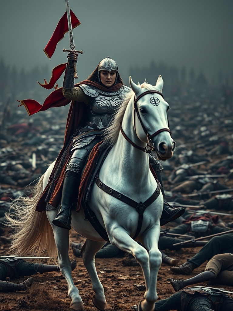 یک دختر زره پوش ایرانی در جای که ابزار آلات جنگ دارد و کمانی بر دوش اوست و صورتش با زره مخفی شده است و شمشیری زیبا که نشان اهورا مزدا دارد در دستان اوست و او این شمشیر را بالا گرفته است و سوار بر اسب فوق‌العاده سفیدو زیبا و بالا اندام و خوش اندام است و پشت سرش صد ها جنازه دشمن است9