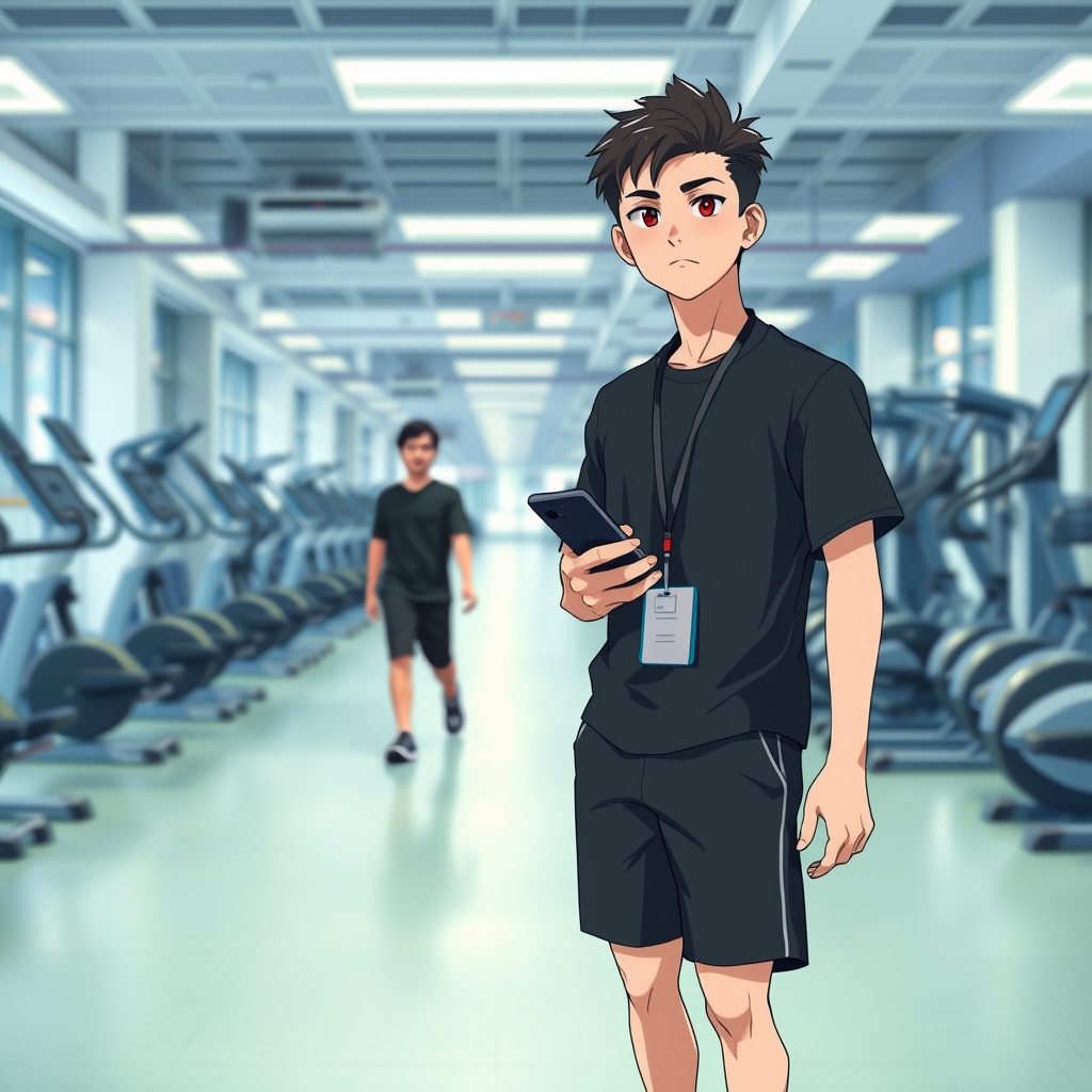 The image depicts a gym setting with various exercise equipment. A man is standing in the foreground, holding a mobile phone, wearing a black shirt, black shorts, red sneakers, and a lanyard with identification. Another person is visible in the background, walking away.18