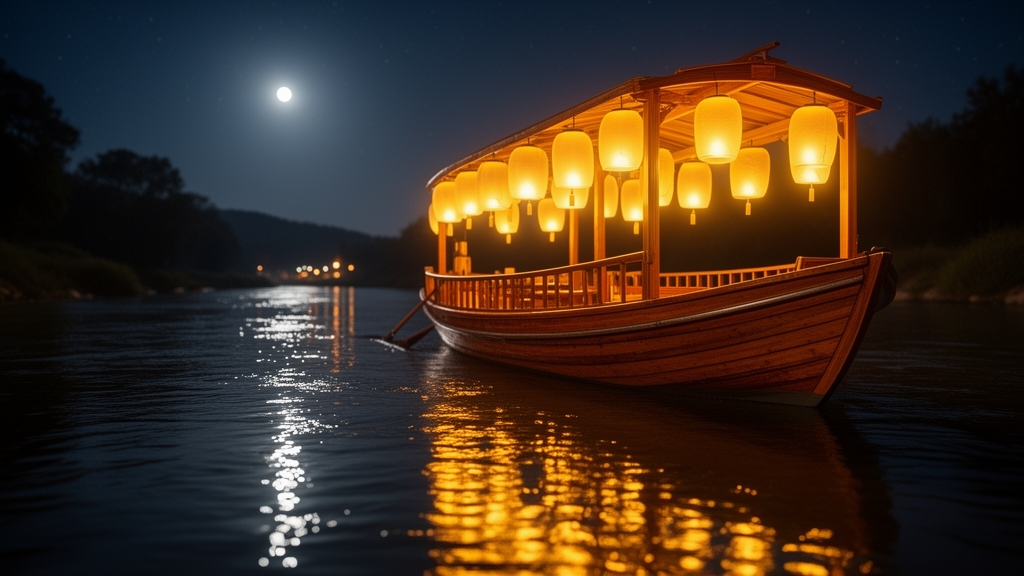 عکس قایق خوشکل در رودخانه در شب ولی چراغ ها روشن هستن بالای قایق فانوس های آرزو خوشکل هستن از نزدیک 0