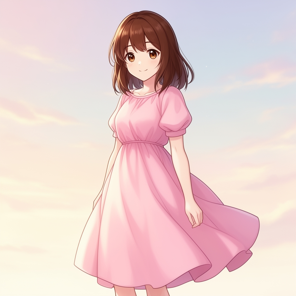 دختری ناز و 16 ساله با لباس صورتی پف پفی و موها و چشمهای قهوه ای0