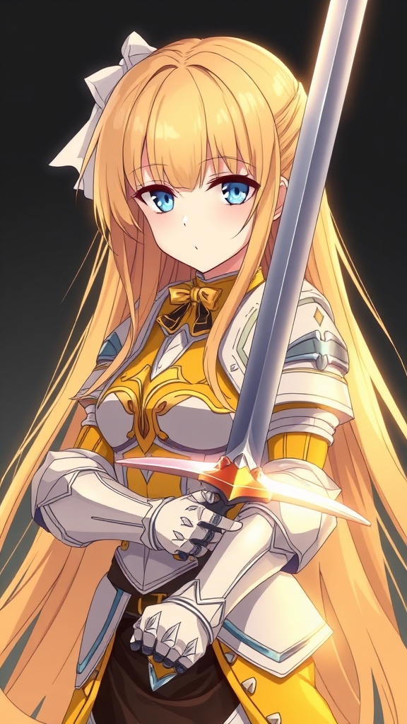 عکس دختر با موهای خیلی بلند زرد و چشم های آبی کمرنگ،شوالیه و با زره زرد،سفید و یک شمشیر درخشان،جدی،جذاب،کراش،پر جذبه بزرگسال.12