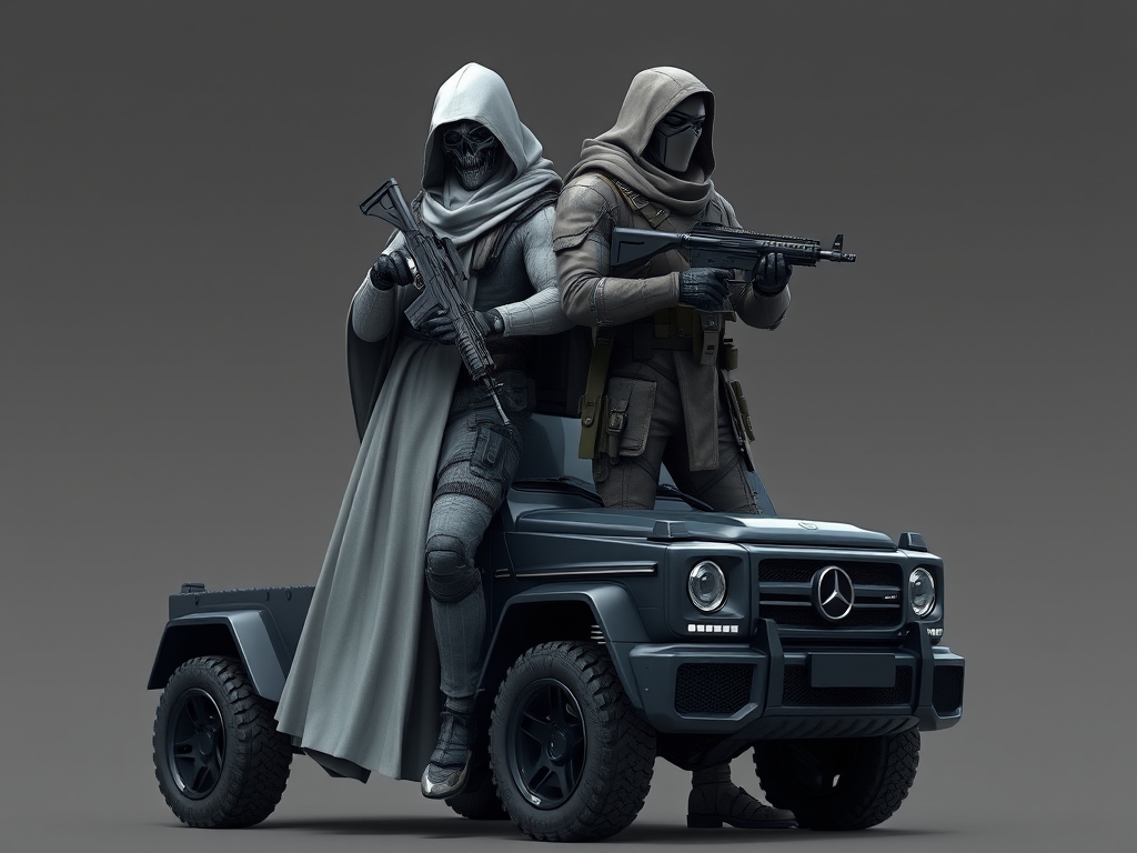 کاراکتر گوست کالاف روی ماشین بنز جی کلاس سیاه رنگ مات نشته و یه تفنگ ای کی ۴۷ لجندری دست گرفته کنارشم یه کاراکتر تمپلار متیک نشته که دستشو روی شونه گوست گذاشته و تفنگ مخصوص خودش دستش هست2